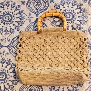 Beige Circle Crochet Handbag with Bamboo Handles